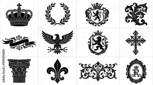 Luxury Design Heraldry Ornaments Vector Glyphs - Black  White Set