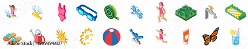 Isometric collection of summer icons including swimming gear, gardening tools, a sun, butterfly, beach ball, and refreshing drinks for outdoor activities.