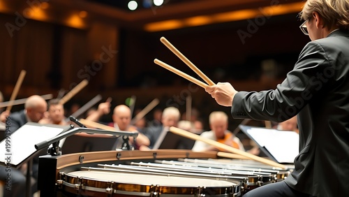 timpani. Orchestra percussionist poised over timpani on stage with dramatic lighting. event programs, museum guides, designed for cultural heritage projects and event programs, supports education.