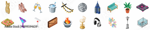 A comprehensive set of isometric icons representing nightlife, celebration, and events including cocktails, music equipment, and party decorations.