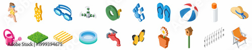 Comprehensive Isometric Collection of Summer Activities, Gardening Tools, and Outdoor Recreation Essentials for a Sunny Vacation and Leisure Theme.