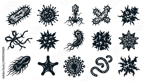 Medical Science Black and White Stylized Icons Set of Viruses, Bacteria, and Microorganisms