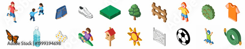 Isometric Collection of Children Playing and Outdoor Summer Garden Icons featuring Nature, Sports, and Clothing Elements.