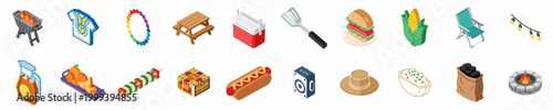 Isometric Icon Set for Juneteenth Barbecue and Outdoor Summer Celebration Featuring Food, Drinks, and Cultural Elements on a White Background