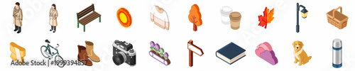 Set of Isometric Autumn and Lifestyle Icons Featuring People, Clothing, Nature Elements, and Outdoor Equipment for Fall Season Graphic Design projects.