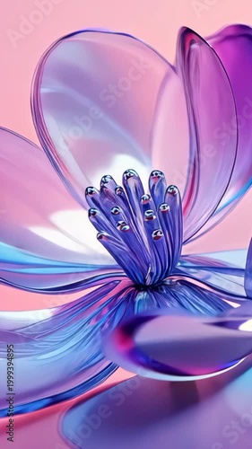 Glossy metallic petals in shades of purple and blue form abstract futuristic flower on soft gradient background, close-up, concept of digital art and artificial beauty