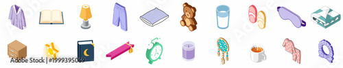 Isometric collection of sleep and bedtime icons featuring pajamas, bedding, accessories, and nightly routine items on a white background.