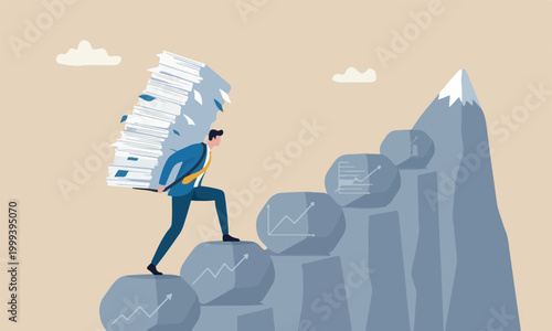 Effort,boulder mountain challenge to career ladder, motivation or efficiency concept, businessman carry heavy document paper step on growth graph