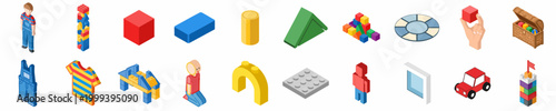 Collection of Colorful Building Blocks, Toy Figures, and Playroom Elements in Isometric Style