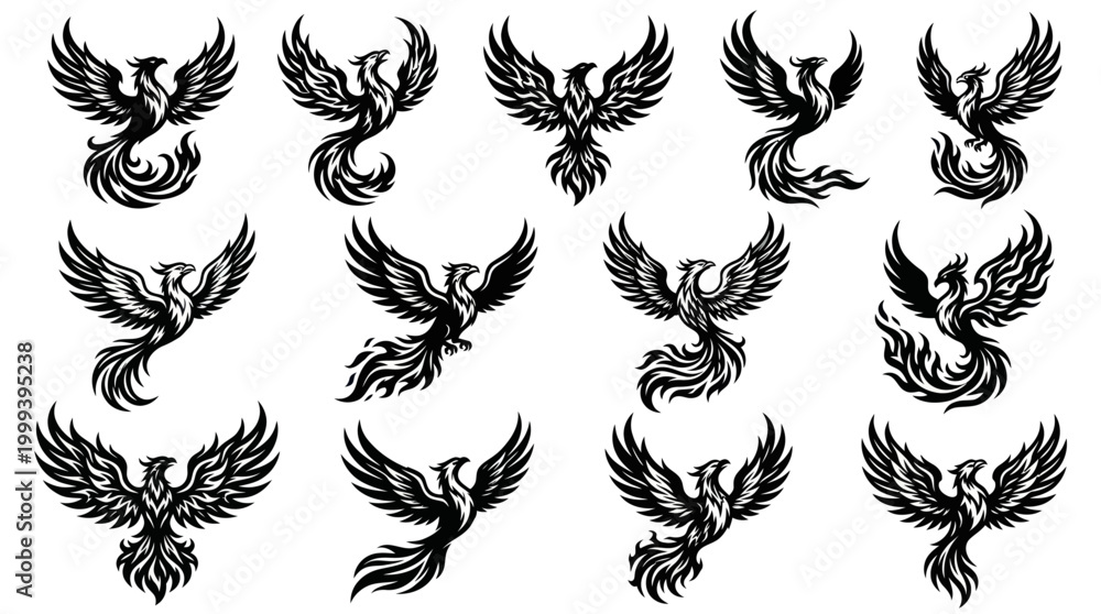 Fototapeta premium Mythical Phoenix Birds Collection - Black White Stylized Glyphs Vector Art