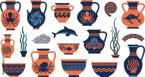 Greek-Inspired Ceramic Vases and Bowls with Octopus, Dolphin, and Ocean Waves, Hand-Painted Traditional Motifs