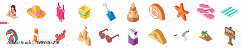Isometric Flat Vector Set of Summer Beach Icons and Vacation Elements