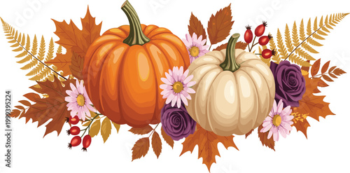 Autumn Pumpkin and Floral Border Composition with Dry Fall Leaves and Seasonal Flowers for Thanksgiving and Harvest Festival Decoration Vector Illustration