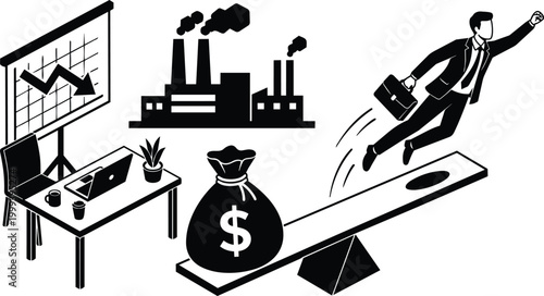 Black and white vector seesaw with money bag tipping and businessman launching from office desk