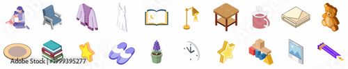 Comprehensive collection of isometric icons for cozy home living, bedtime routines, childhood, and relaxation featuring furniture, toys, and books.