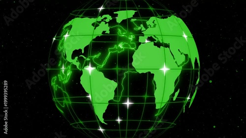 Digital globe with continents and glowing grid lines on starry background animation