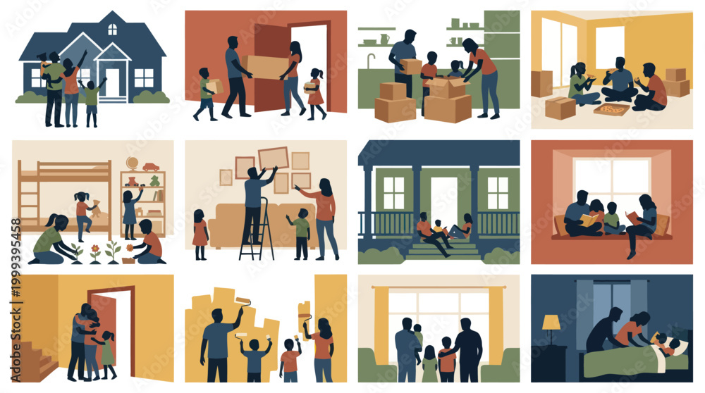 Fototapeta premium Flat Vector Illustration Set: Family Home Journey - Moving, Renovation, Living Growing