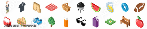 Isometric Picnic and Outdoor Recreation Vector Icon Set Featuring Family, Food, and Summer Leisure Activities on a White Background.