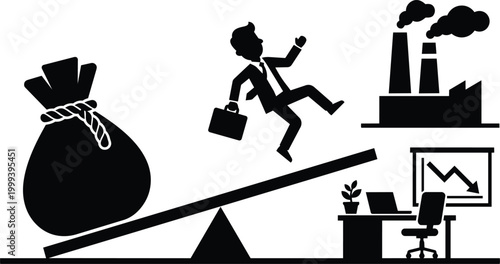 Money bag tipping on seesaw with falling businessman and briefcase near office and factory