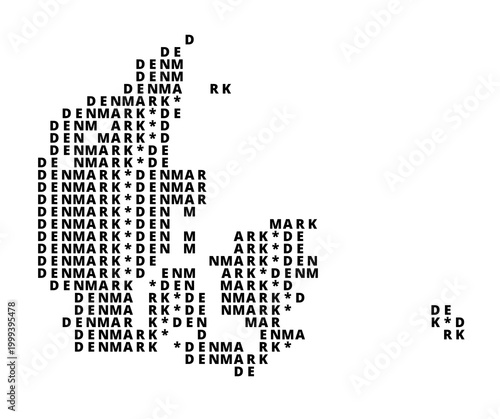 Typographic Map of Denmark with a pattern of capital letters only showing the english name of the country