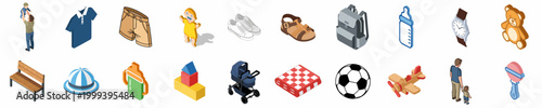 Isometric Icon Set Featuring Fatherhood, Baby Accessories, Toys, and Outdoor Activities