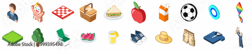 Comprehensive Collection of Isometric Icons for Outdoor Picnics, Summer Family Activities, Food, Games, and Recreational Equipment on a White Background.