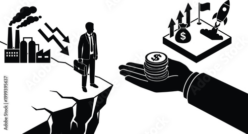 Vector art businessman on cliff edge facing economic collapse and rescue hand with coins