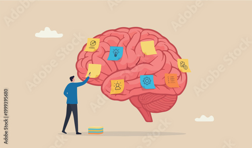 Idea memo, brainstorm or scrum sticky notes, productive plan, memory or task reminder, mind map work arrangement, thought and wisdom concept, businessman write sticky notes human red brain