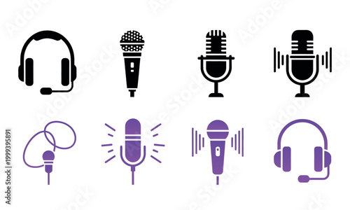 Microphone and headset silhouettes a collection of audio recording icons