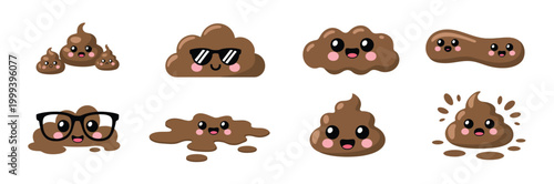 Cute poop excrement character for Bristol scale chart feces showing different constipation and stool types, baby poo classification illustration in flat vector design.