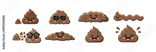 Cute poop excrement character for Bristol scale chart feces depicting hard soft cracked and watery stool variations in pediatric and constipation classification vector icon.