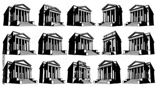 Black and White Classical Architecture Icons: Finance, Government, Justice, Education
