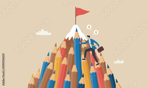 Creative challenge and business, idea, motivation and inspiration to achieve target concept, young creative man climbing pencil mountain to reach winning flag at the peak