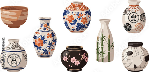 Japanese-Inspired Ceramic Vases with Floral, Bamboo, and Traditional Motifs, Hand-Painted Porcelain Vases for Cultural and Decorative Designs