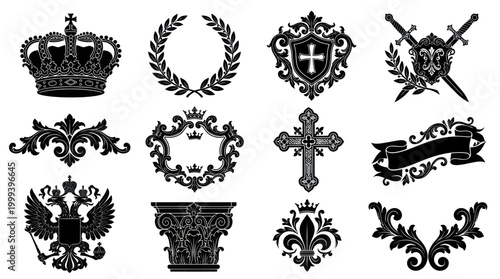 Ornate Heraldic Royal  Religious Emblems: Black  White Vector Glyphs Set