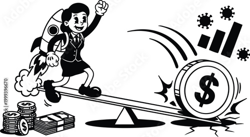 Retro black and white vector businesswoman with rocket backpack balancing on seesaw against rolling dollar coin