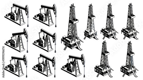 Black and White Line Art Oil Rigs and Pumpjacks Vector Icons