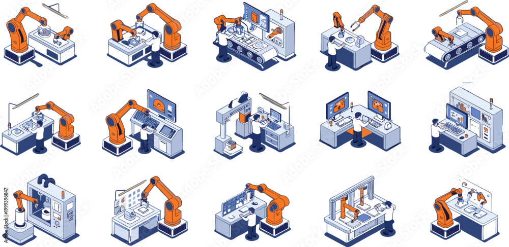 Fototapeta premium Industrial Smart Factory Automation Icon Set with Robotic Arms Workers and Isometric Control Stations for Modern Manufacturing and Engineering Vector Illustration