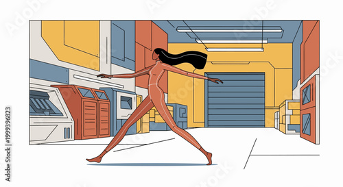 Stylized illustration of a powerful, nude woman with long dark hair in a wide-legged stride within a sleek, futuristic, and geometric industrial interior.