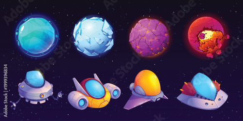 Cartoon space game asset set with colorful planets and futuristic alien spaceships vector