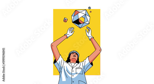 Scientist in lab coat juggles geometric shapes representing molecules or data on a yellow background