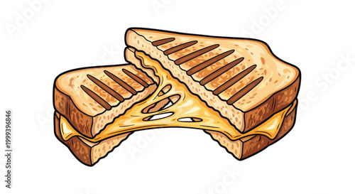 Two halves of a grilled cheese sandwich are pulled apart to reveal a long stretch of gooey melted cheese between crispy toasted bread.