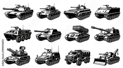 Black  White Line Art Military Vehicles Set - Tanks, Artillery, and Armored Transport