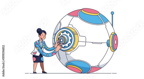 Businesswoman interacting with a large futuristic robot sphere, adjusting its internal mechanism with a gear