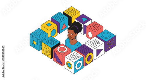 Young Black woman surrounded by colorful isometric cubes with abstract geometric patterns and symbols