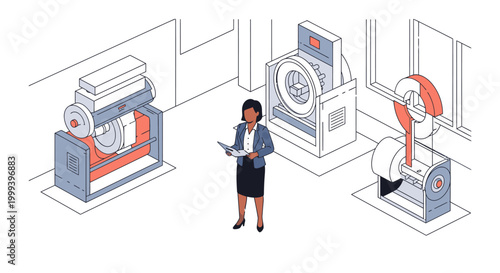 African American female engineer conducting quality control checks and supervising industrial machinery testing in a modern manufacturing plant.