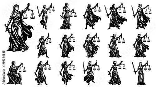 Lady Justice Black  White Vector Icons Set, Legal Symbol