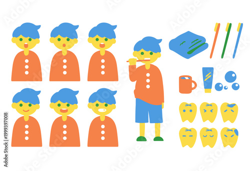 歯磨きをする男の子と歯磨きセットと歯のキャラクター