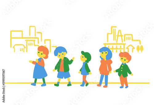 街を背景にのんびり歩く子どもたち