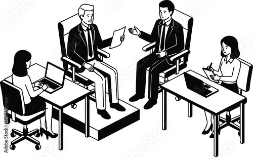 Isometric black and white panel interview with two men on platform and two women at desks taking notes